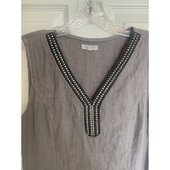Lina Tomei Italy 100% Linen Dress Embellished Neck Gray Size Small - Picture 7 of 14